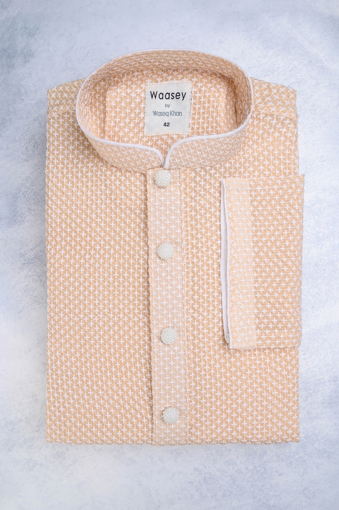 Peach Textured Panjabi with Cross-Weave Pattern